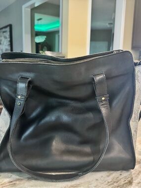 Able Black Leather Tote with Contrasting Snake print Side Panels